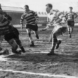 Alan Davies dives over in Don Platt’s tackle on a cold Watersheddings pitch - Feb 12th 1955.