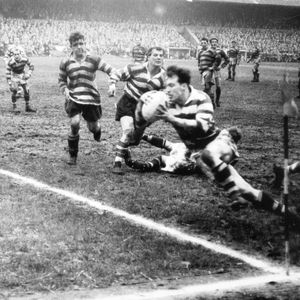 Terry O’Grady goes over for a late try watched by the Oldham front row of Jack Keith, Ken Jackson and Don Vines - March …