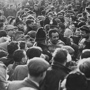 Wigan supporters mob Billy Boston at final whistle - March 8th 1958.