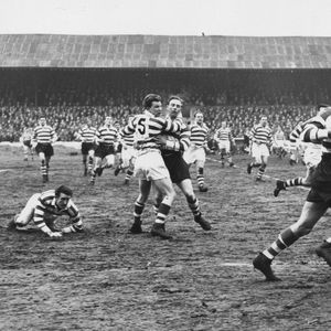 Dick Cracknell breaks clear as Mick Sullivan tackles Vince Nestor - April 5th 1958.