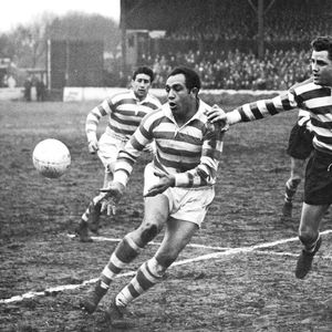 Derek Turner moves in on Billy Boston - April 5th 1958.