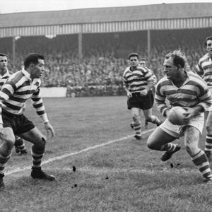 Alan Davies prepares to tackle Brian McTigue of Wigan Sep 16th 1958.