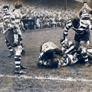 Geoff Robinson and Roger Dufty bring down a Wigan player - Dec 5th 1959