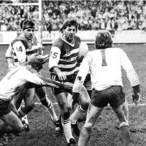 Steve Hampson waits for Paul Round as Dennis Betts makes the tackle - March 27th 1989.