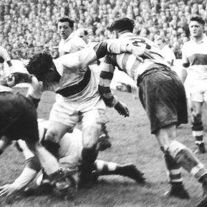 Arthur Tomlinson battles for a loose ball against Workington as Ken Jackson lends his weight to the situation - Oct 9th …