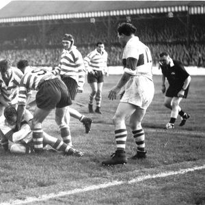 Jack Keith and Des McKeown bring down a Workington player - Sep 2nd 1958.