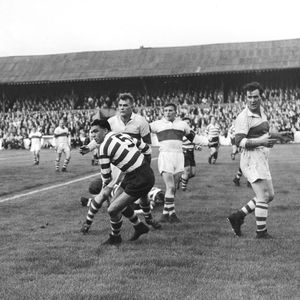 Dick Cracknell moves in too late to stop a Workington pass - Sep 2nd 1958.