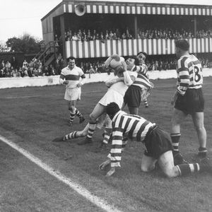 Dick Cracknell on defence v Workington - Sep 2nd 1958.