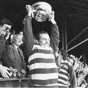 Terry Flanagan hoists the 2nd division Championship trophy aloft after victory over Workington - May 9th 1982.