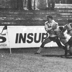 A last ditch tackle brings down Tommy Martyn to clinch victory for Workington - Nov 10th 1991.