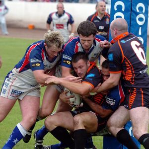 Three Workington players force Gareth Langley back over the try-line as Neil Roden lends a hand June 3rd 2007.