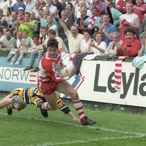 A try for Paul Lord in the playoff match at Watersheddings -May 6th 1990.
