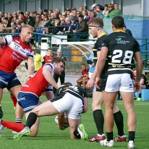 Matt Reid and Danny Langtree stop a York attack at Whitebank - March 11th 2018.