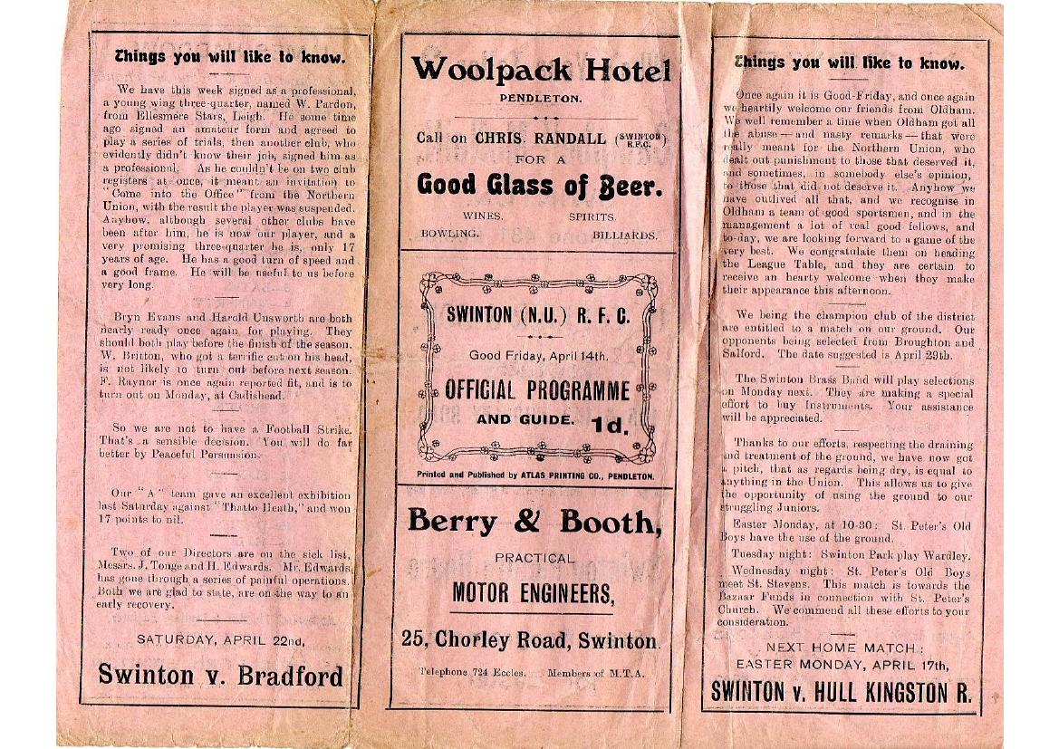 Programme cover: Oldham v Swinton, 14 April 1922
