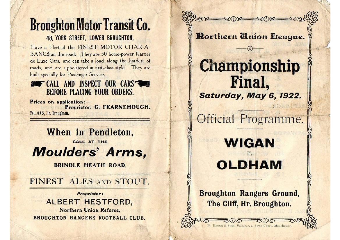 Programme cover: Oldham v Wigan, 6 May 1922