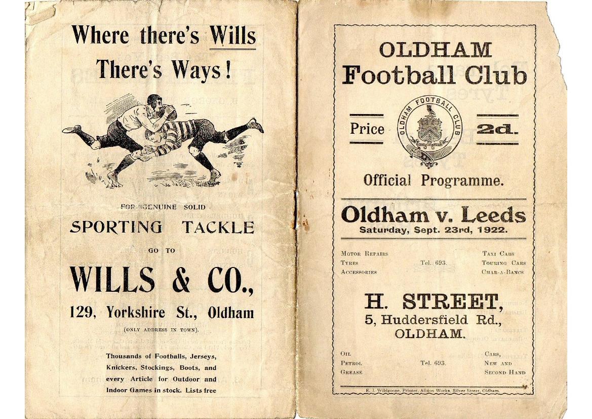 Programme cover: Oldham v Leeds, 23 September 1922