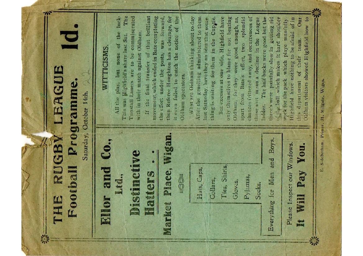 Programme cover: Oldham v Wigan Highfield, 14 October 1922