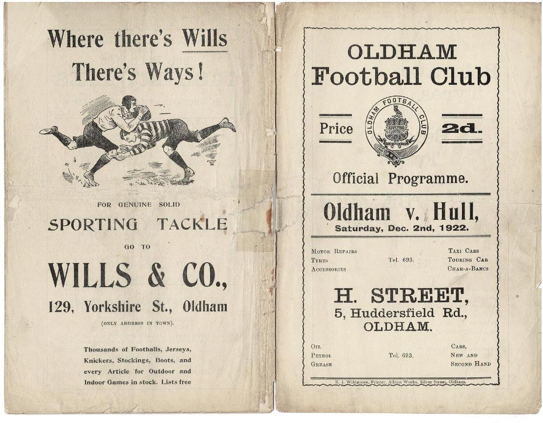 Programme cover: Oldham v Hull FC, 2 December 1922