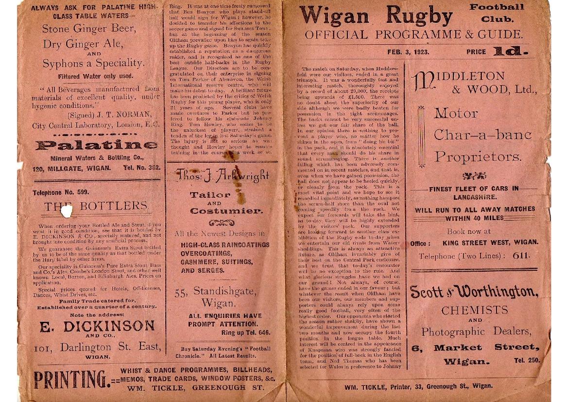 Programme cover: Oldham v Wigan, 3 February 1923