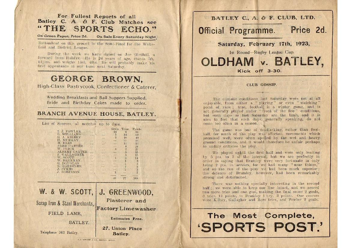Programme cover: Oldham v Batley, 17 February 1923