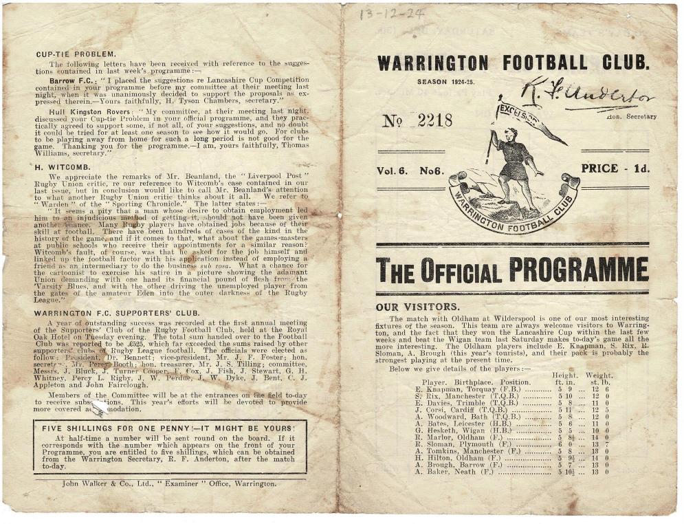 Programme cover: Oldham v Warrington, 13 December 1924