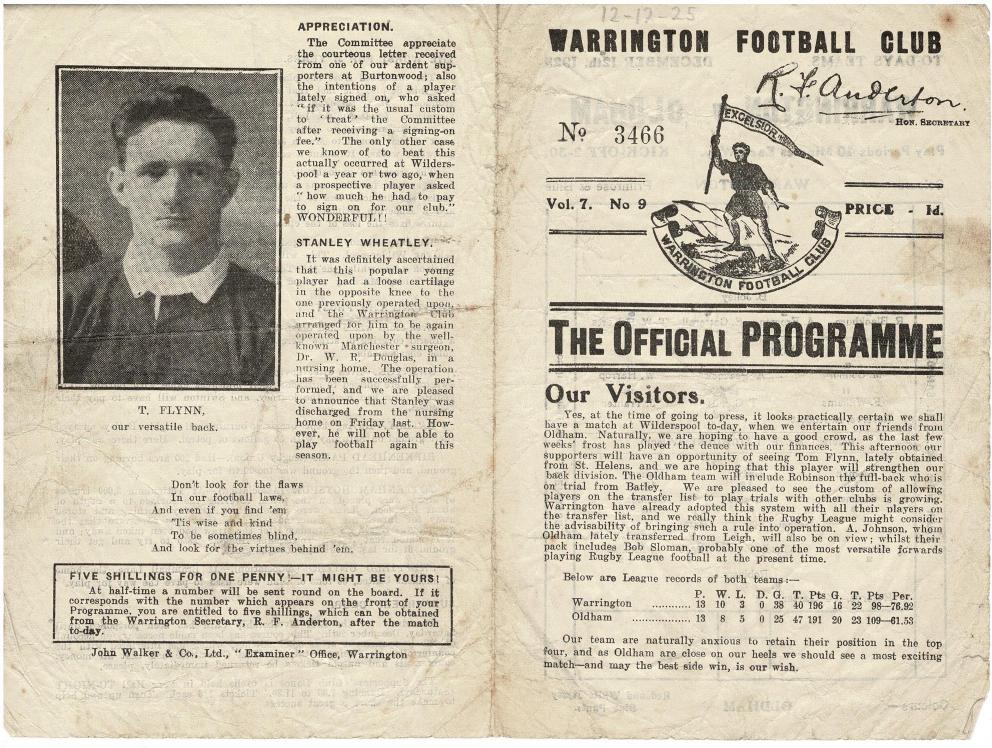 Programme cover: Oldham v Warrington, 12 December 1925