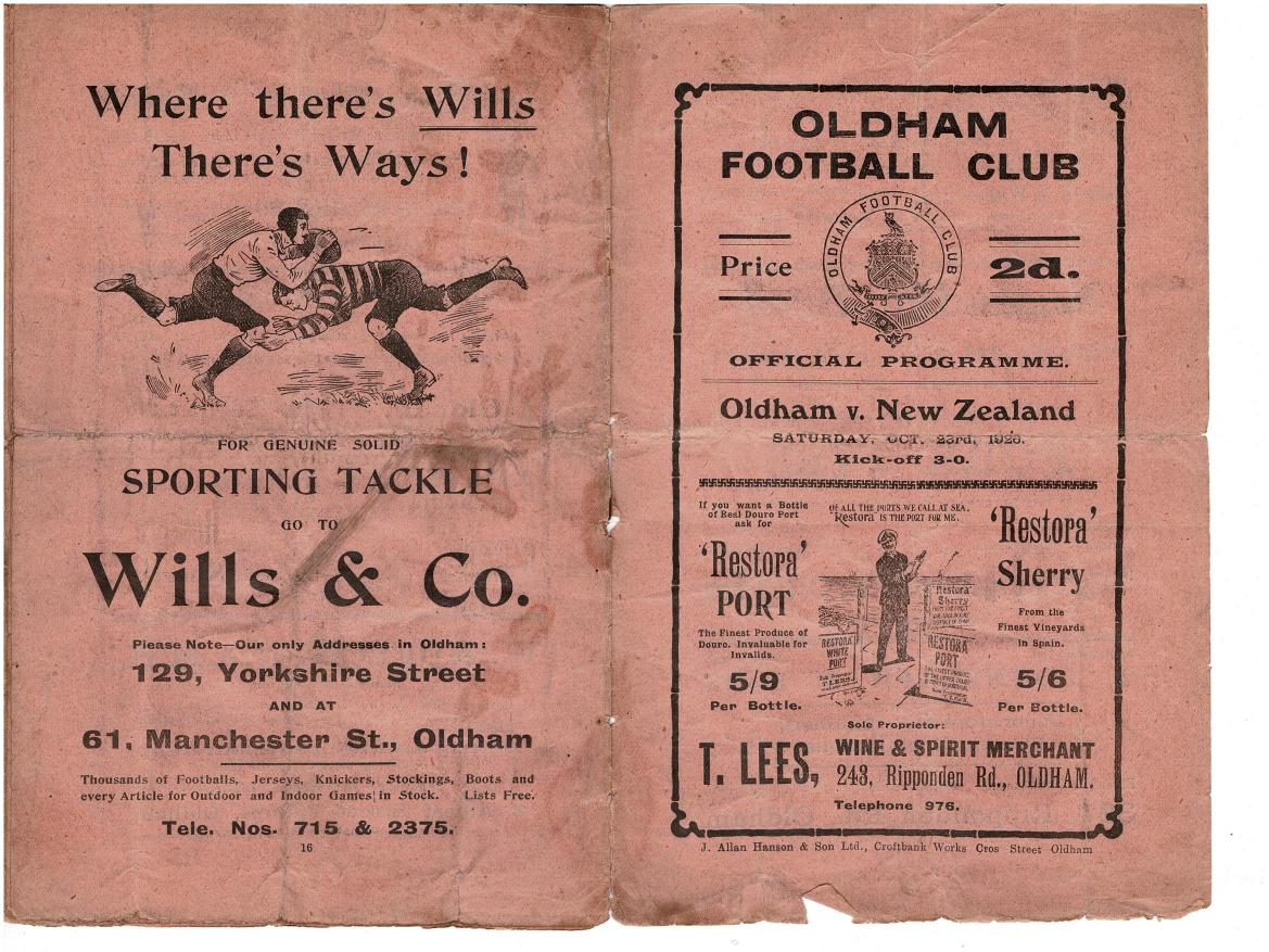 Programme cover: Oldham v New Zealand, 23 October 1926