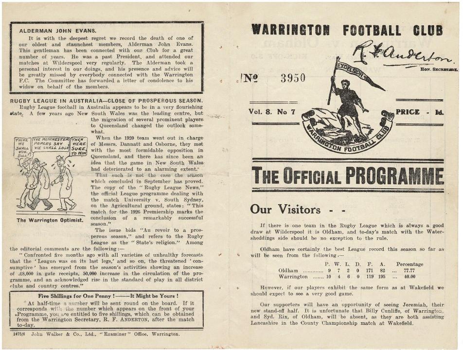 Programme cover: Oldham v Warrington, 30 October 1926