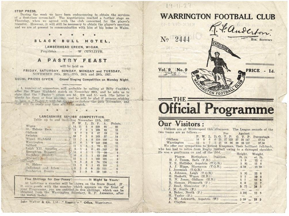 Programme cover: Oldham v Warrington, 19 November 1927