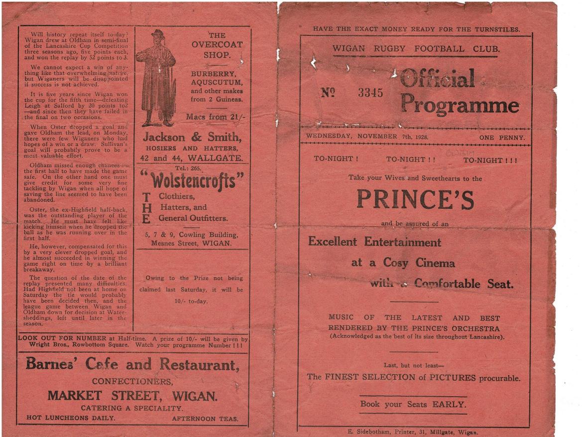 Programme cover: Oldham v Wigan, 7 November 1928