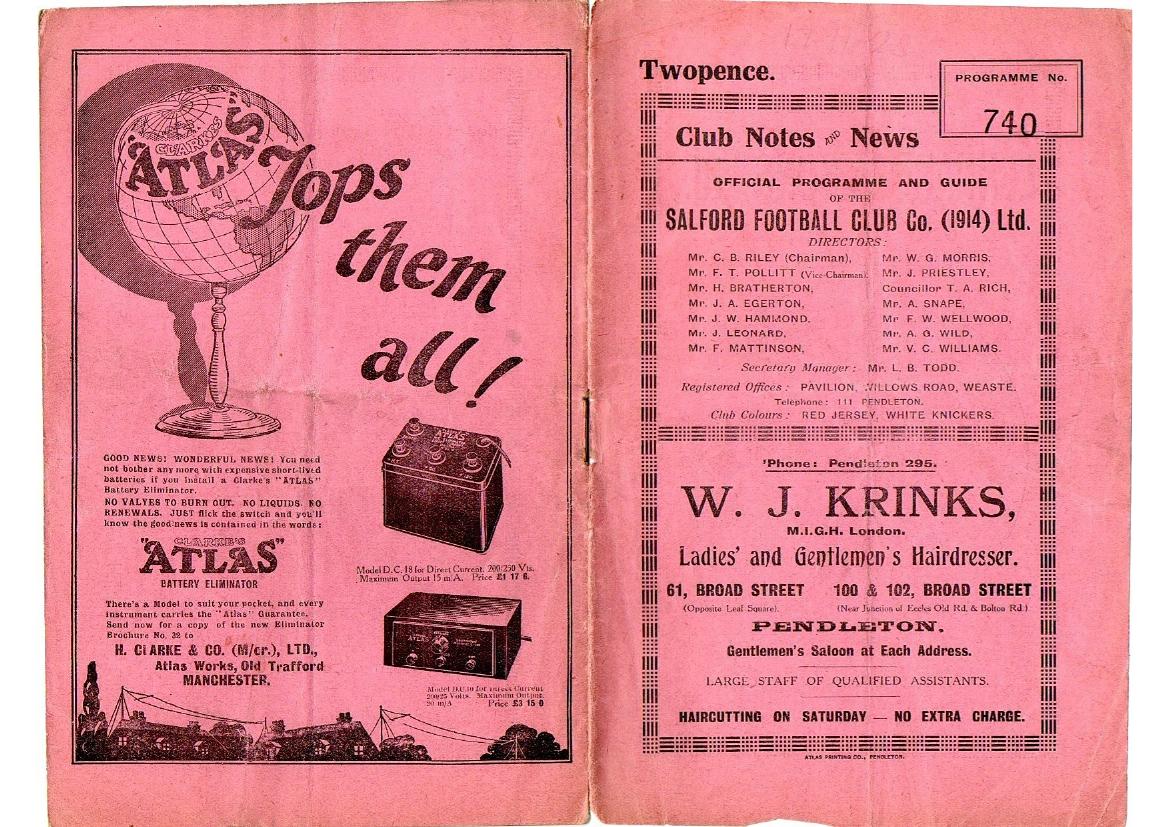 Programme cover: Oldham v Salford, 17 November 1928