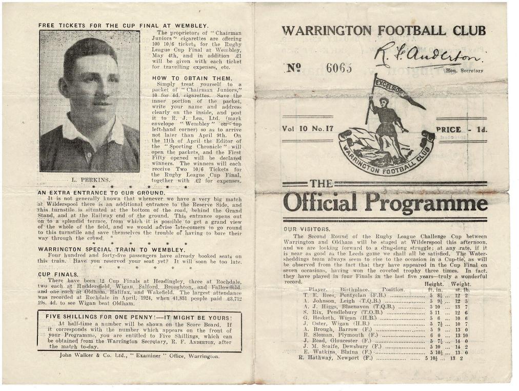Programme cover: Oldham v Warrington, 23 February 1929