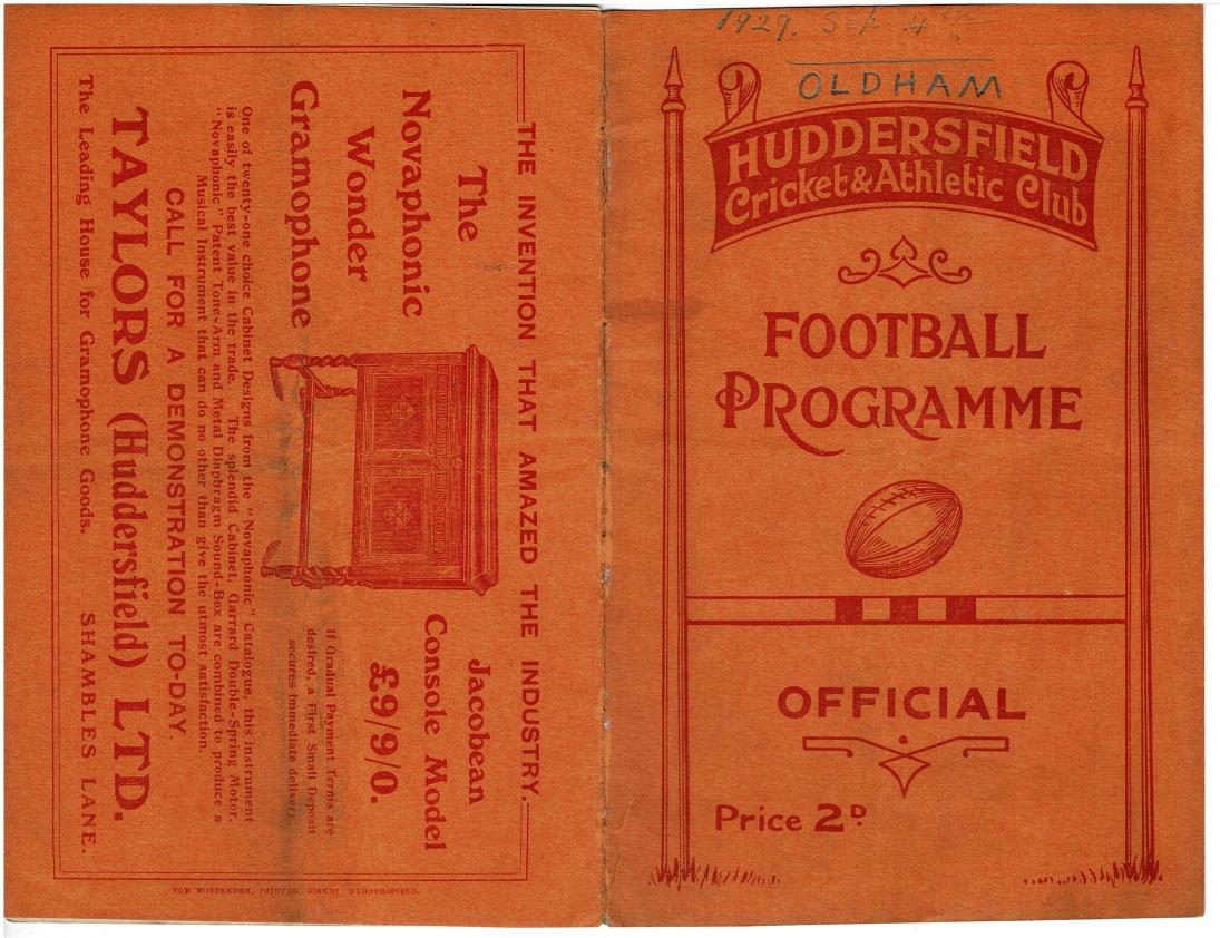 Programme cover: Oldham v Huddersfield, 4 September 1929