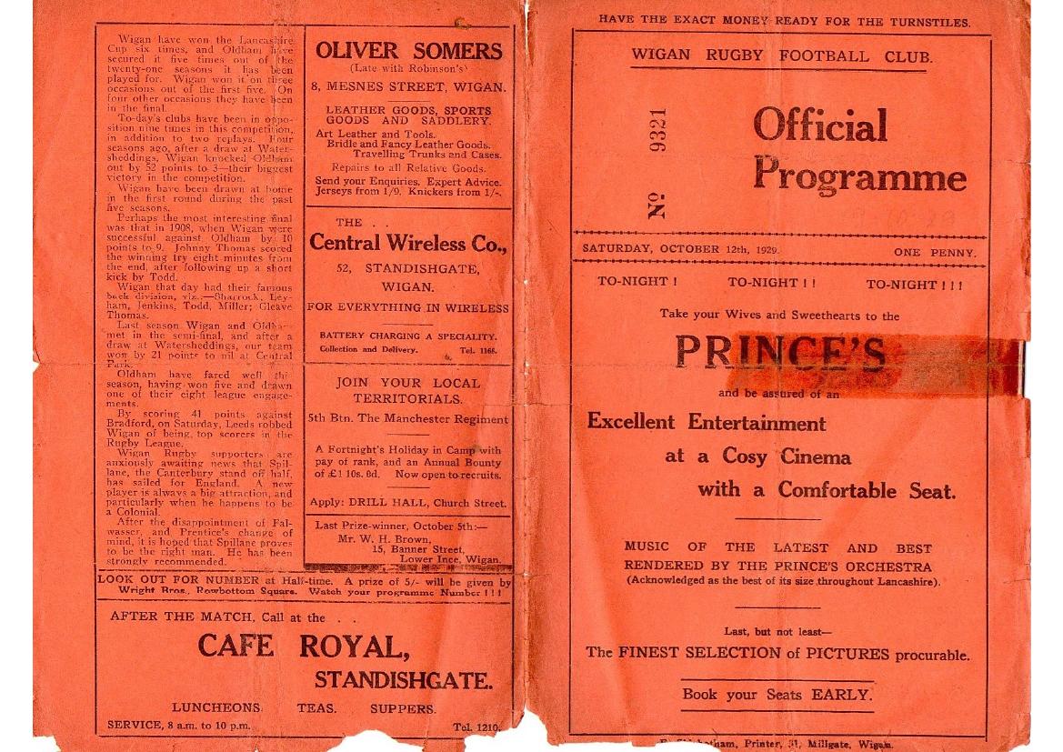 Programme cover: Oldham v Wigan, 12 October 1929