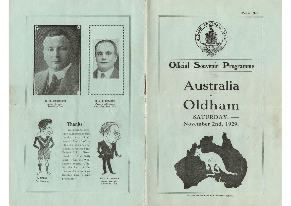 Programme cover: Oldham v Australia, 2 November 1929