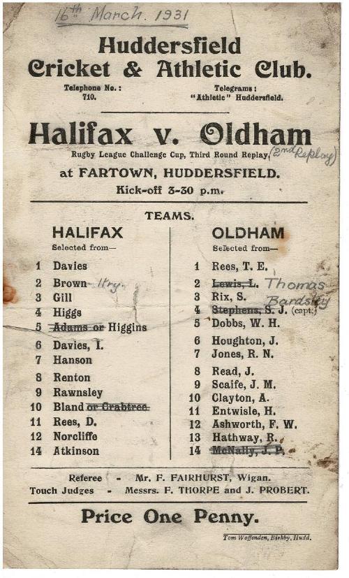 Programme cover: Oldham v Halifax, 16 March 1931