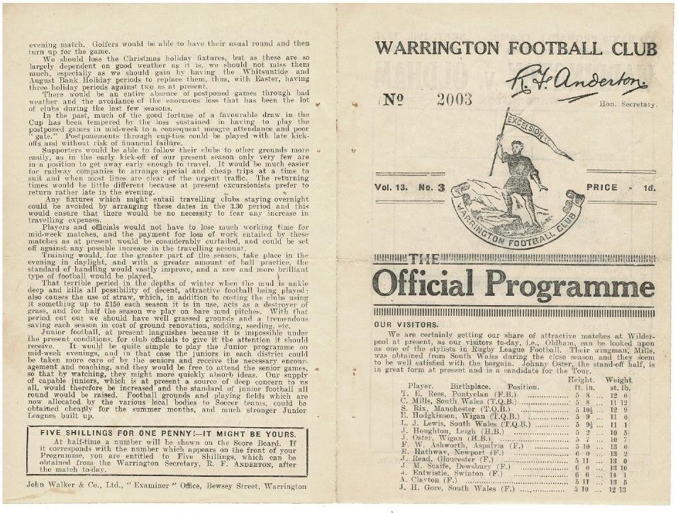 Programme cover: Oldham v Warrington, 12 September 1931