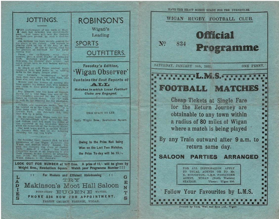 Programme cover: Oldham v Wigan, 16 January 1932