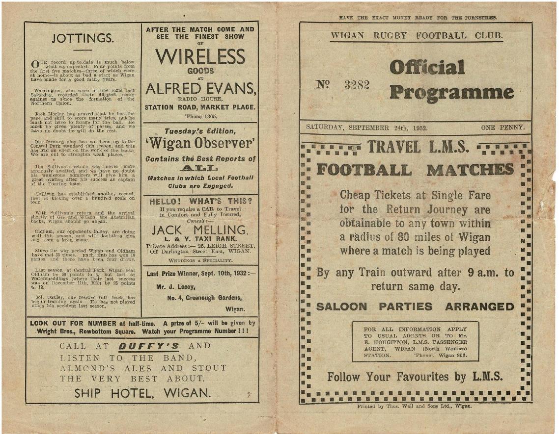 Programme cover: Oldham v Wigan, 24 September 1932