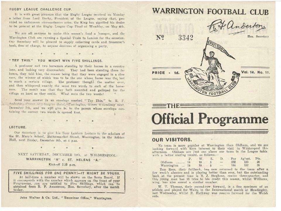 Programme cover: Oldham v Warrington, 3 December 1932