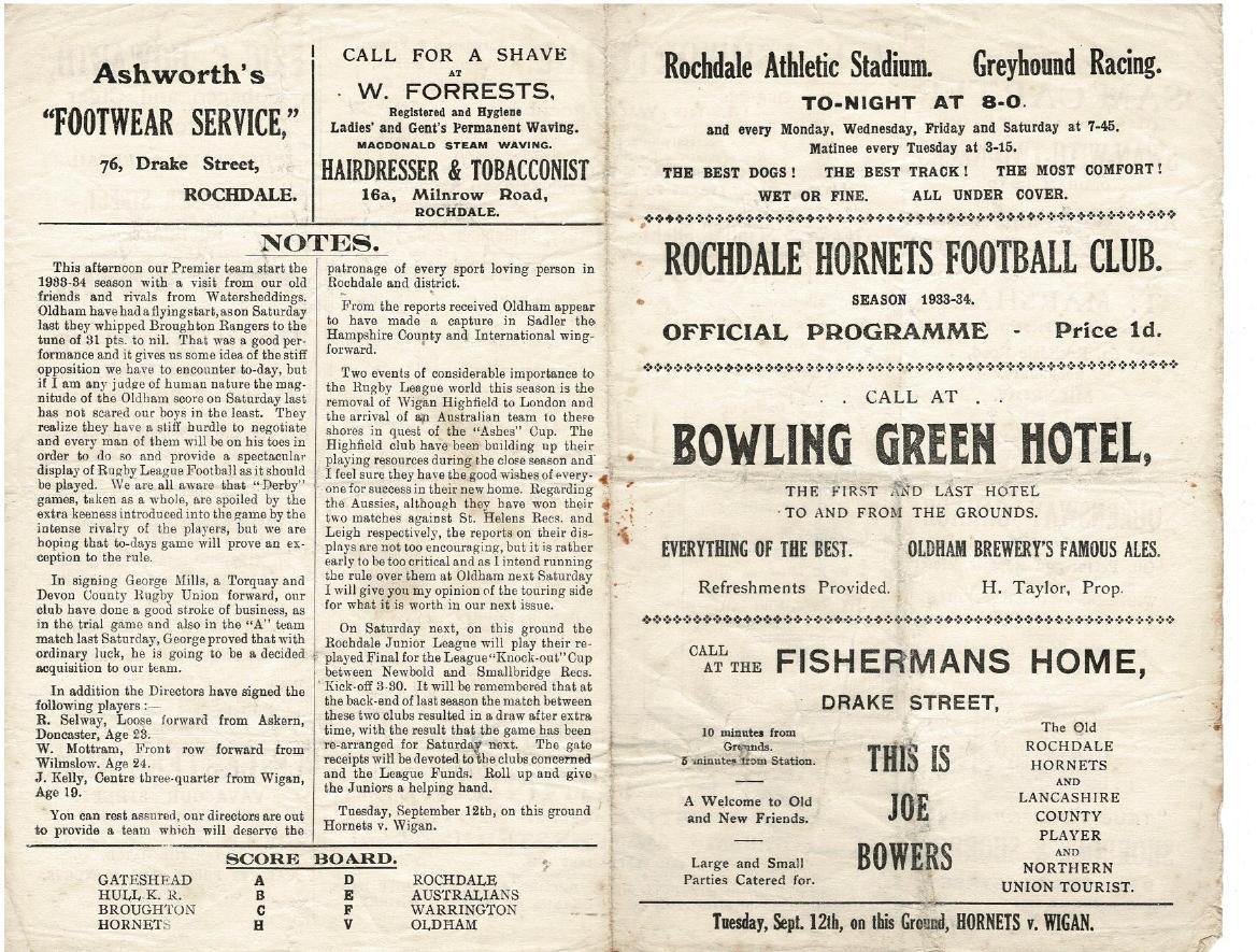 Programme cover: Oldham v Rochdale Hornets, 2 September 1933