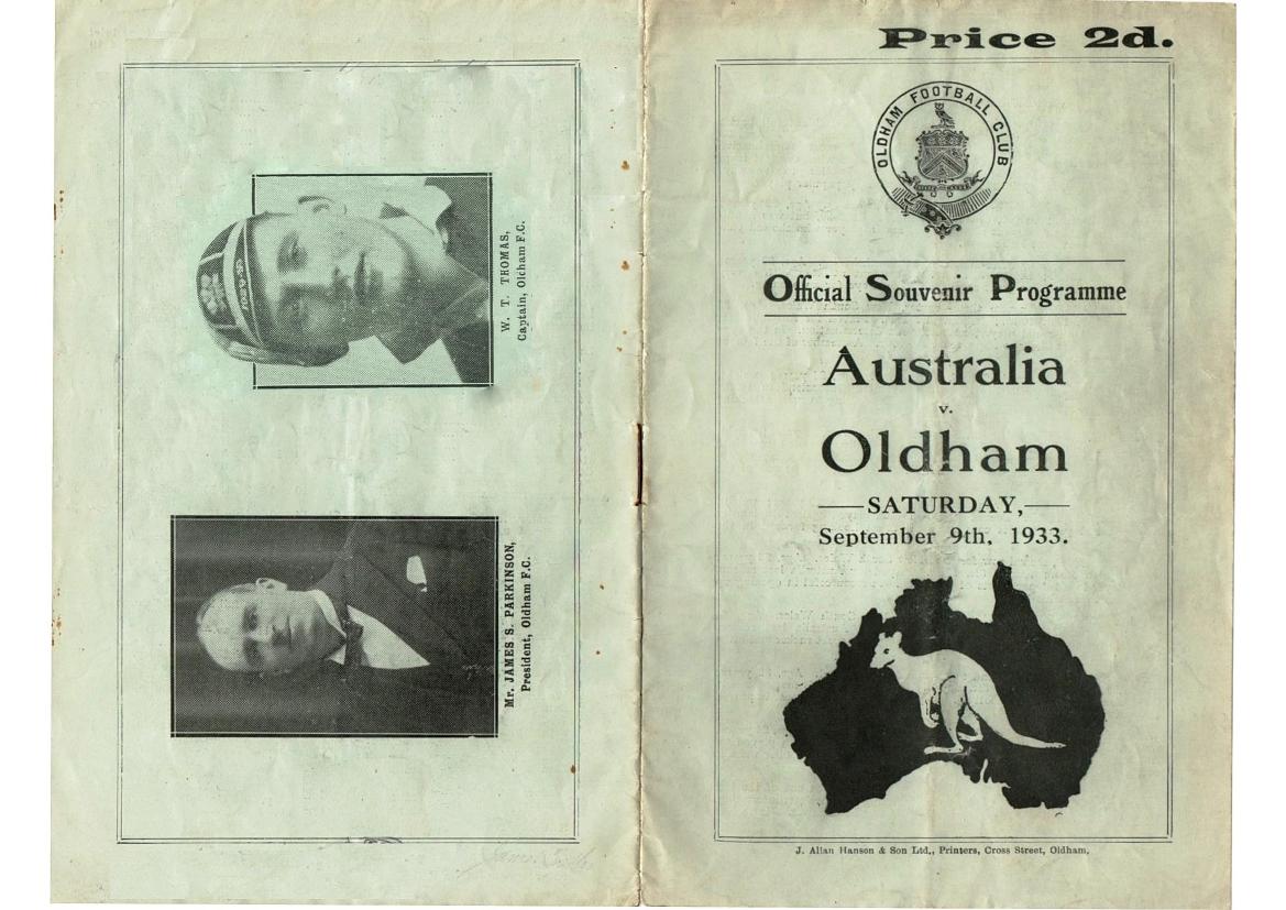 Programme cover: Oldham v Australia, 9 September 1933
