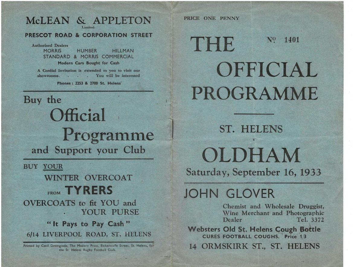 Programme cover: Oldham v St Helens, 16 September 1933