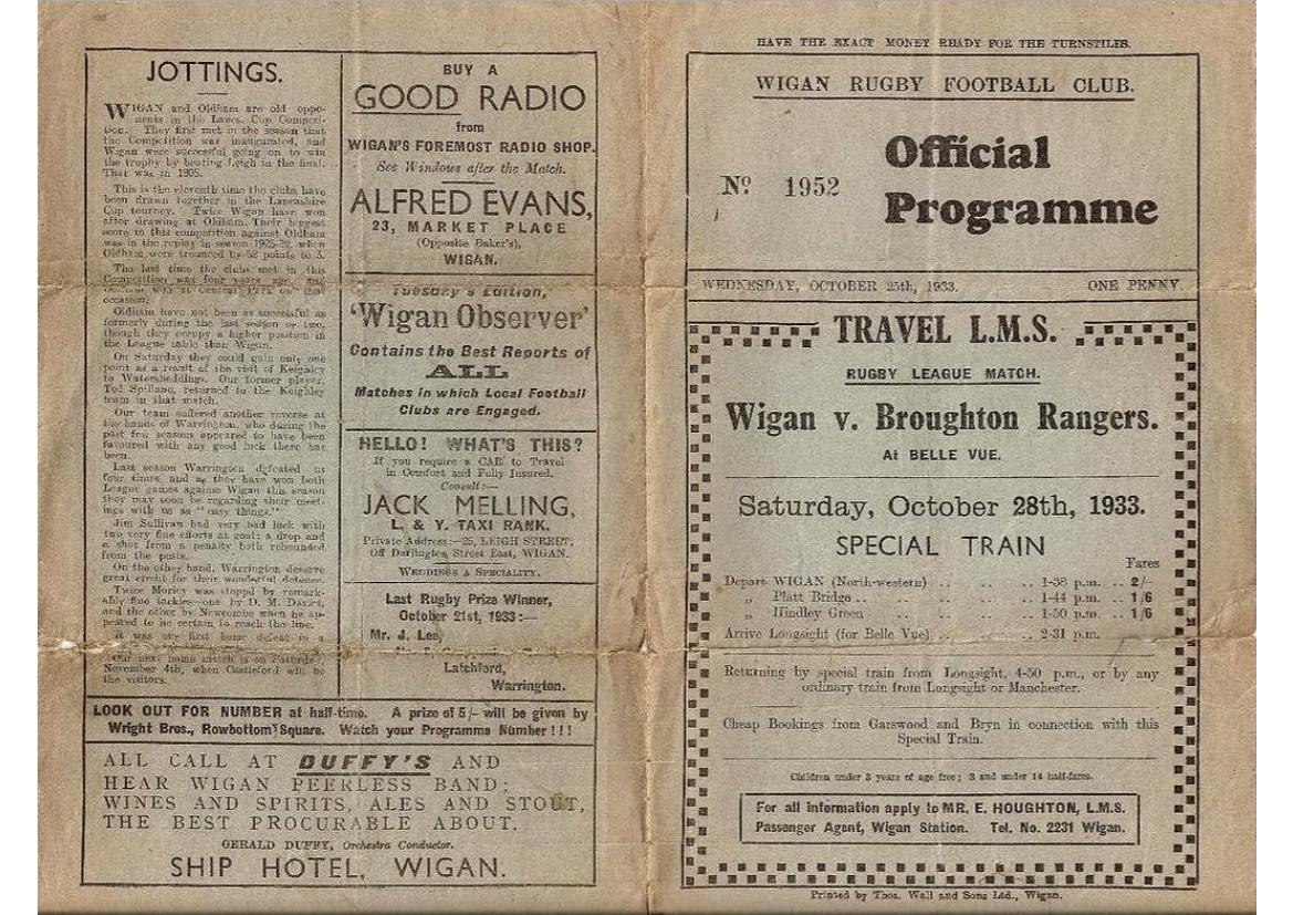 Programme cover: Oldham v Wigan, 25 October 1933