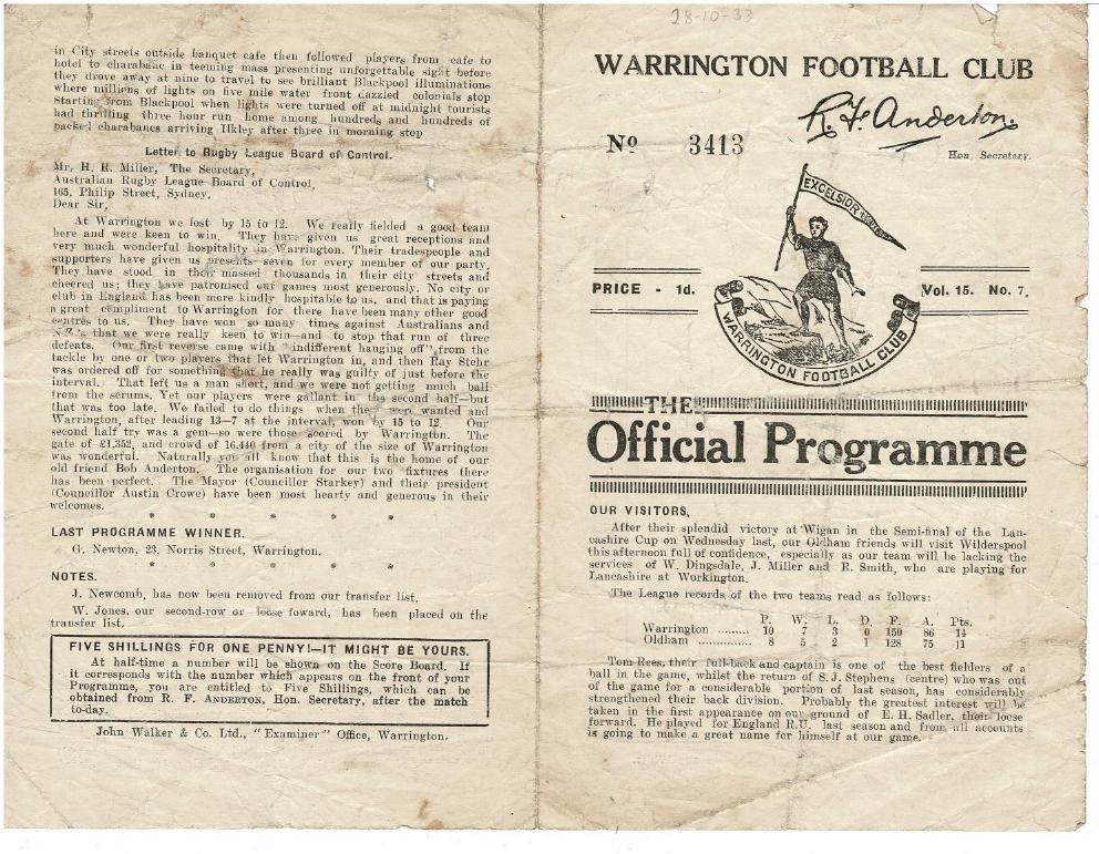 Programme cover: Oldham v Warrington, 28 October 1933