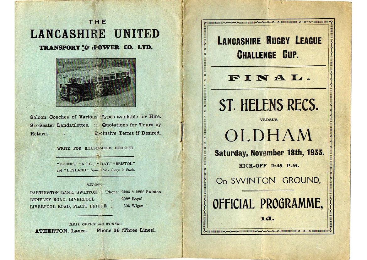 Programme cover: Oldham v St Helens Recs, 18 November 1933