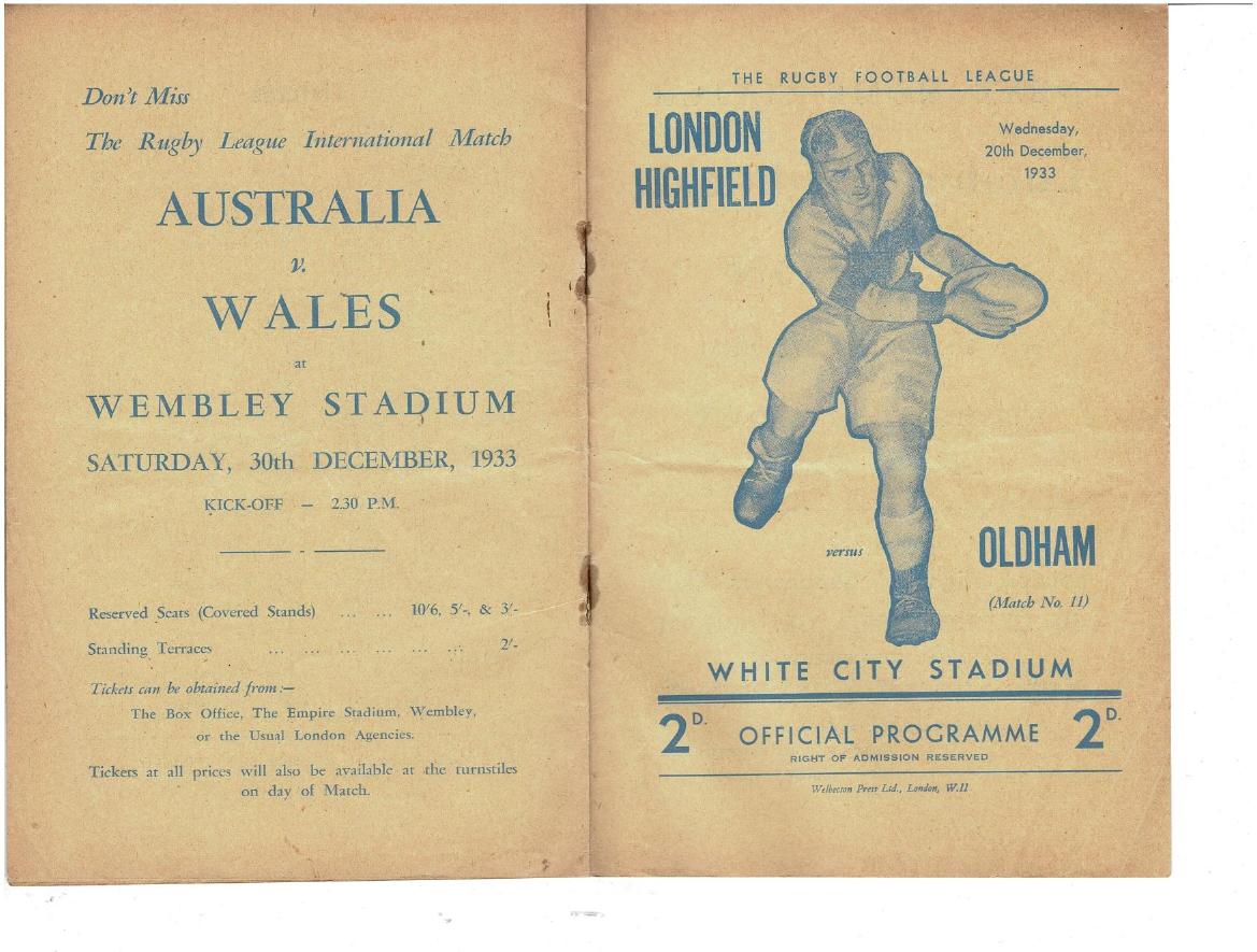 Programme cover: Oldham v London Highfield, 20 December 1933