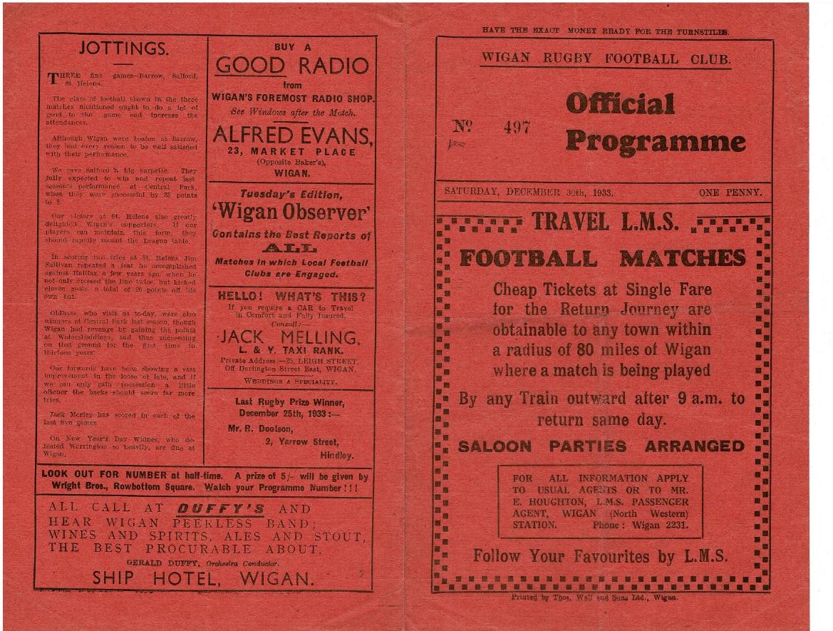 Programme cover: Oldham v Wigan, 30 December 1933