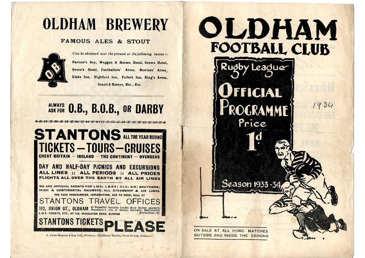 Programme cover: Oldham v Australia, 10 January 1934