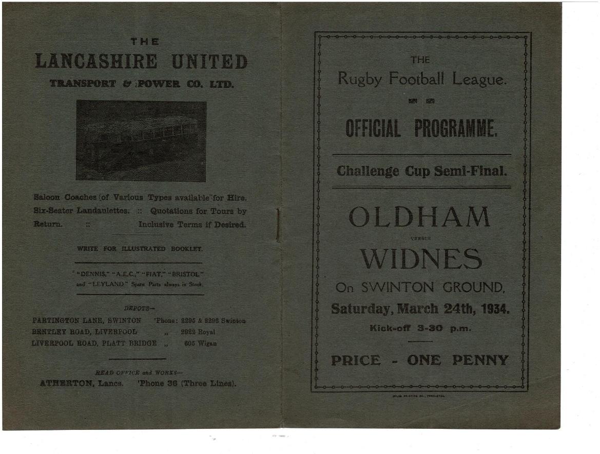 Programme cover: Oldham v Widnes, 24 March 1934